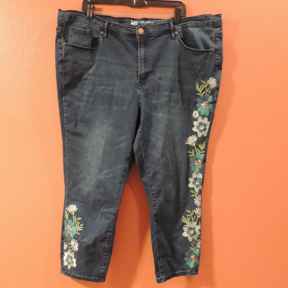 Diane Gilman Jeans Woman Size 22 Yellow Green Embroidered Denim Blue Jeans
